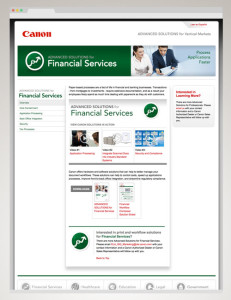 Finance & banking vertical industry content and website pages developed for Canon USA