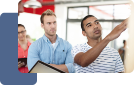 Two marketing professionals are discussing their content strategy.