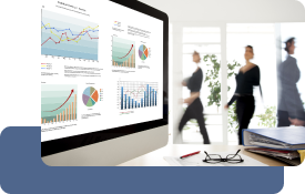 Close-up of a computer screen with bar charts and graphs symbolizing SEO success.