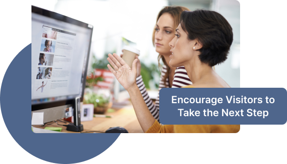 Two B2B tech professionals collaborating on a call to action leading to conversion. Caption reads: Encourage Visitors to Take the Next Step