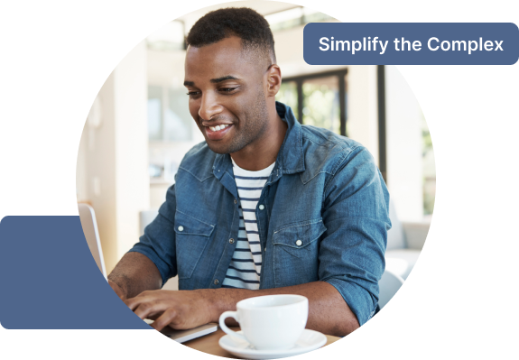 B2B tech professional transforming complex information into clear text. Caption reads: Simplify the Complex