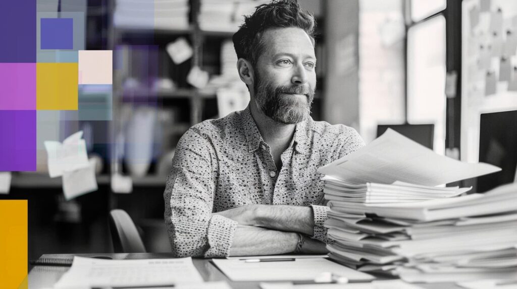 Marketer at desk editing draft to create relevant marketing content.