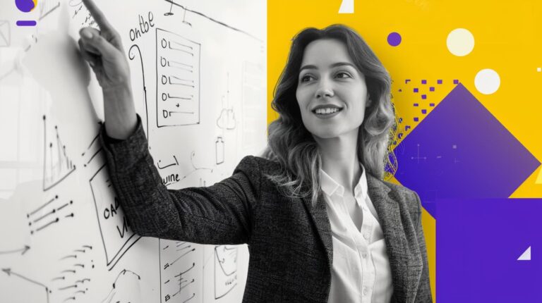 B2B marketer explaining strategy ideas on a whiteboard.