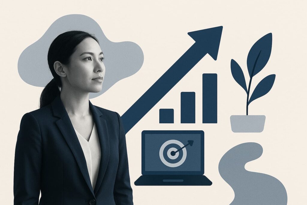 Businesswoman reviewing positive results from B2B content strategy.