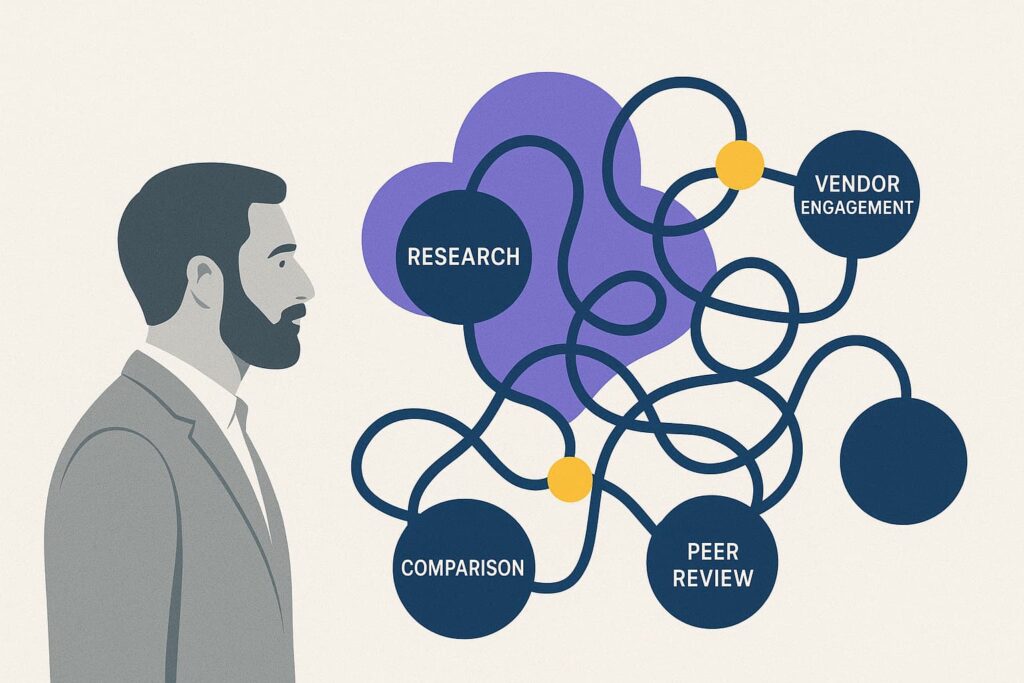 Complex, nonlinear B2B buyer journey illustration.