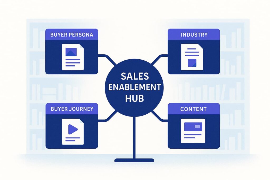 Buyer persona hub connecting to sales enablement content strategy.