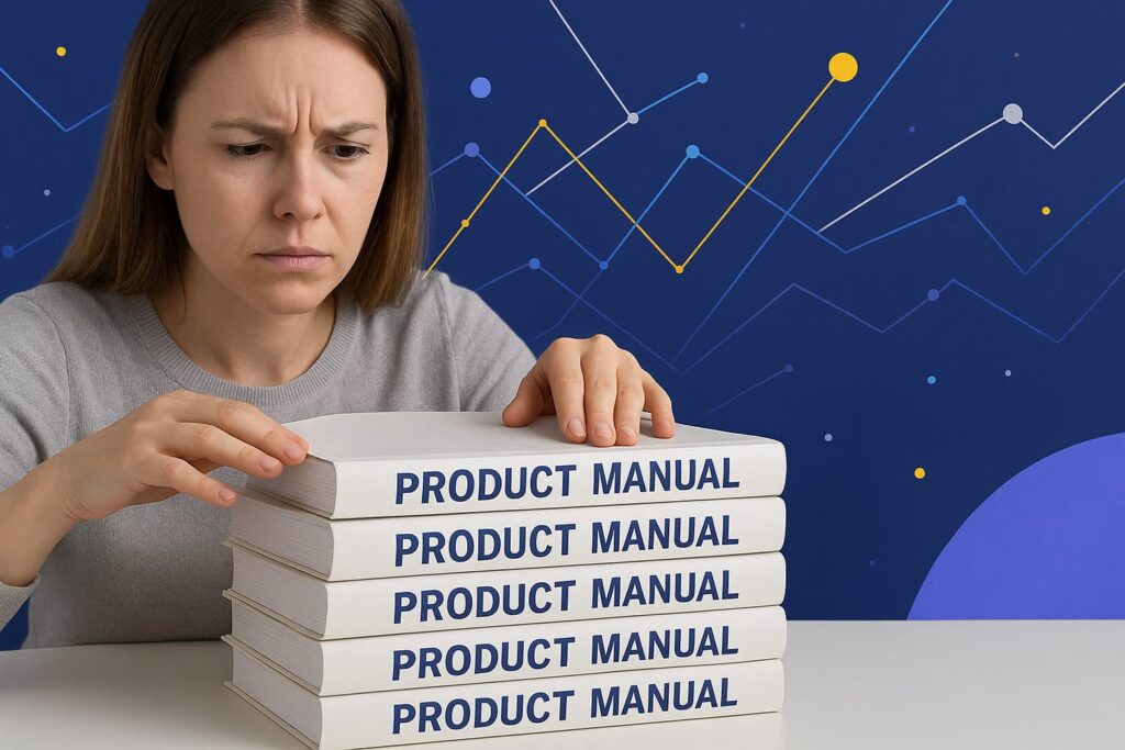 Sales director facing product manuals instead of interactive training.