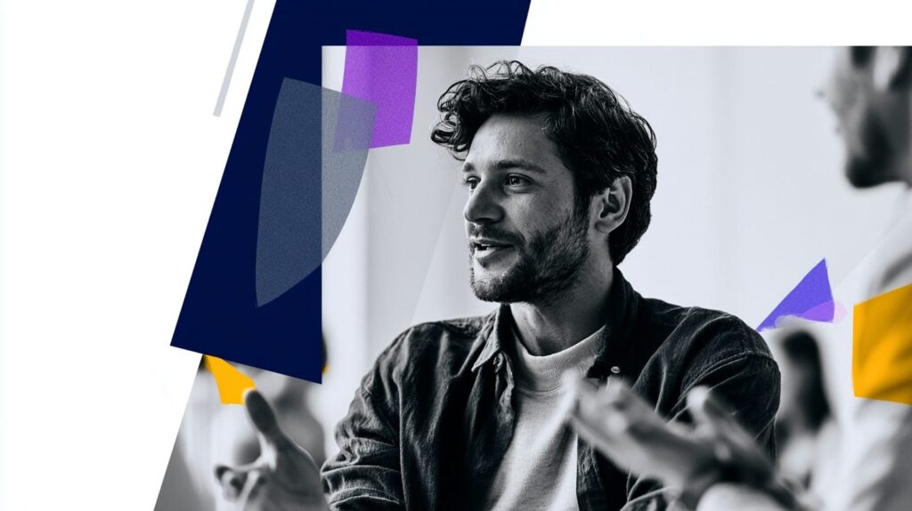 An eLearning leader gesturing while explaining something technical.
