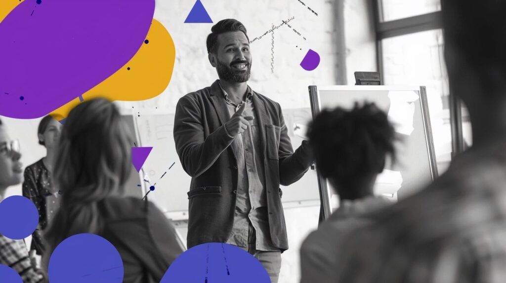 An expert compliance leader gesturing toward a digital dashboard, explaining how modular units make it easy to develop compliance training with surgical updates.