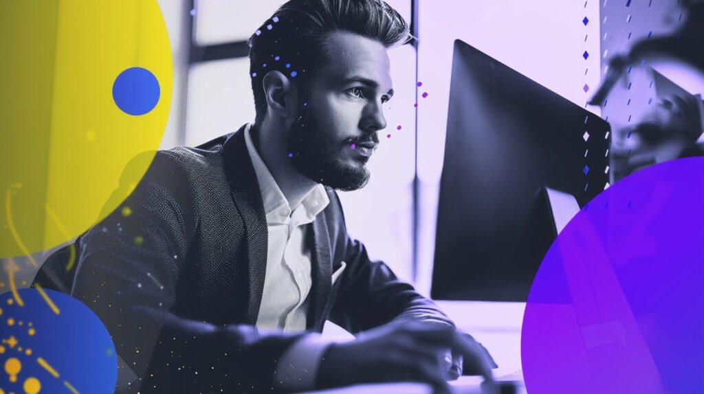 Sales professional engaged with an interactive eLearning scenario on a lit-up computer screen.