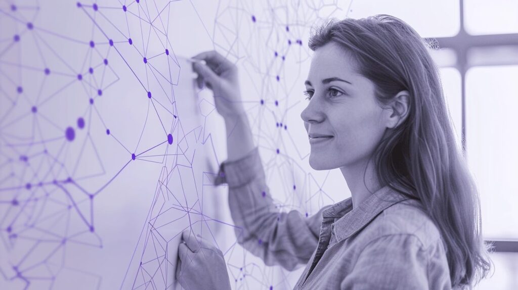 A training leader connecting dots on a whiteboard, visualizing the strategy of anchoring new localized knowledge to a learner's existing context.